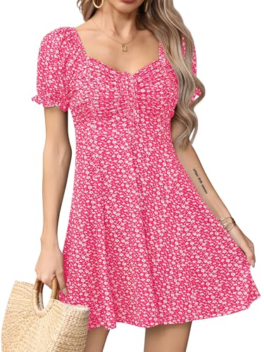 Image of Missufe Women's Puff Short Sleeve Drawstring Ruched Front Fit and Flare Floral Summer Casual Short Dress