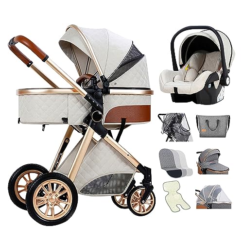3 in 1 Baby Travel System Baby Pram Standard Multi-Position Recline, Reversible Foldable Portable High Landscape Stroller with Mom Bag, Rain Cover,Storage Basket (Color : White)