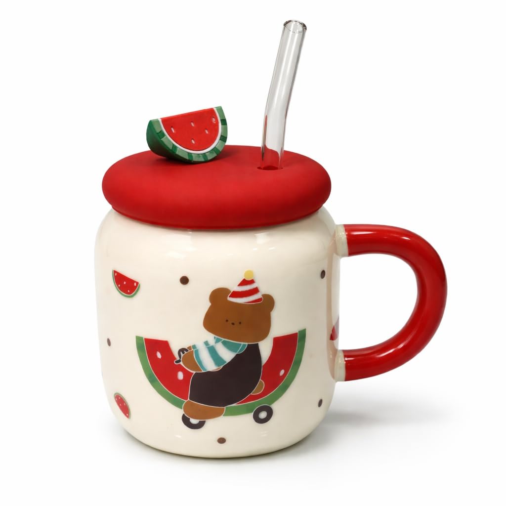 Vasukie Melon Coffee Mug with Lid & Glass Spoon, Mugs for Coffee, Rakhi for Brother, Birthday Gift, Ceramic Mug, 3D Melon Coffee Mug (Melon Mug)