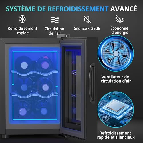 HOMCOM Cave à vin 6 bouteilles 17L réfrigérateur à vin silencieux - porte en verre, éclairage LED, écran tactile numérique, mini cave a vin contrôle de la température 8-18°C protection UV noir – Image 4