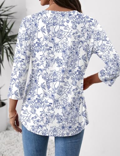 LOMON Women's 3/4 Length Sleeve Tops V Neck Dressy Casual Blouses Fashion Pleated Tunic Shirts Summer Fall 20253