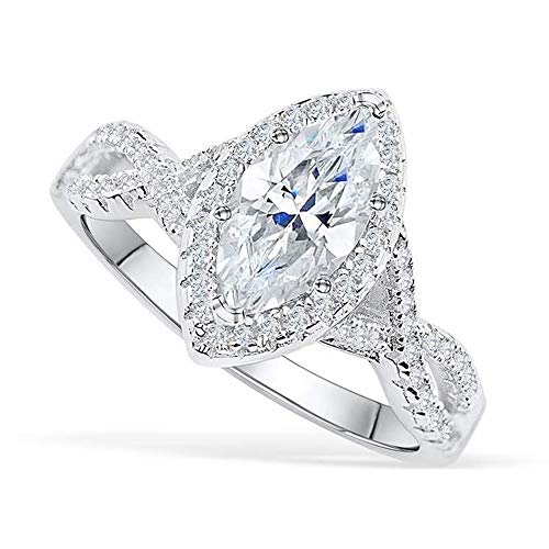 Marquise Halo Engagement Rings for Women White Gold, 1.5 Carat Center Moissanite Rings Platinum Plated Silver 10K 14K 18K Gold Wedding Anniversary Rings with Text Engraving (Platinum Plated Silver)
