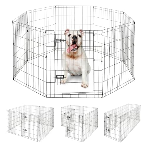 BOWHAUS Foldable Outdoor/Indoor Pet Playpen with Gate, Available in 30 Inch Height Metal Portable Kennel, Heavy-Duty Exercise Fence Cage 8 Panels for Medium Dog, Animals