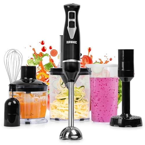 Duronic HB35 Bundle Mixeur plongeant à main 350W avec Presse-Purée Hachoir Fouet Spiraliseur 2 Réglages de Vitesses 2 lames et axe en inox Idéal pour Soupe...