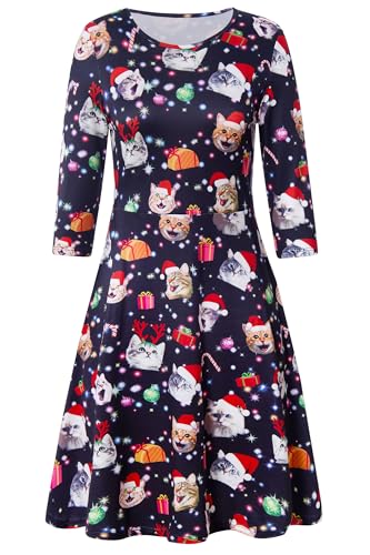 AIDEAONE Damen Weihnachten Kleid 3/4 Ärmel Midi Weich Swing-Kleid Lustig Druck Schwarz,S
