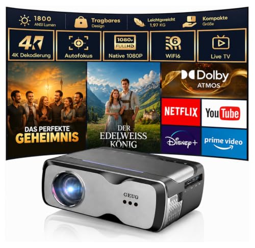Tragbarer Smart Beamer 1080P mit 4K-Unterstützung, 1800 ANSI, WiFi 6 & Bluetooth 5.4, 35W Dolby Audio, Autofokus & Auto Keystone, Mobiler Projektor für Heimkino, Outdoor, Camping & Reisen