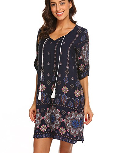 Halife Bohemian Dresses Summer Casual Womnes Ethnic Style Floral Shift Dress Sundress Navy Blue,Xl #TOP1
