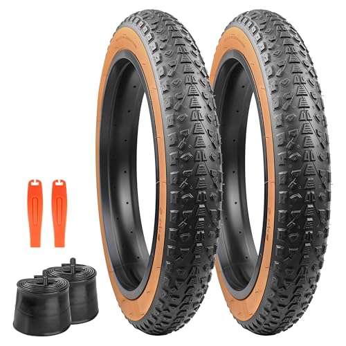 Neumáticos para bicicleta eléctrica de 20 x 3,0 pulgadas, 76-406, con perfil antideslizante, para bicicletas eléctricas/Fat Bike/MTB (negro con borde marrón, 2 juegos (2 neumáticos + 2 tubos + 2