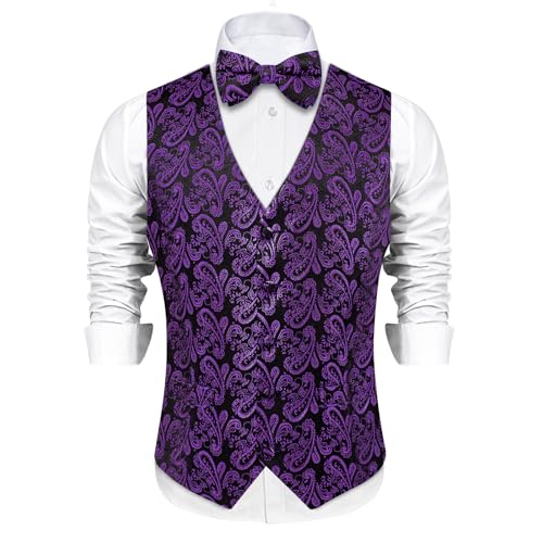 Image of DiBanGu Mens Paisley Suit Waistcoat,Silk Dress Vest and Bowtie Pocket Square Cufflinks with Lapel Pin Set for Wedding Tuxedo