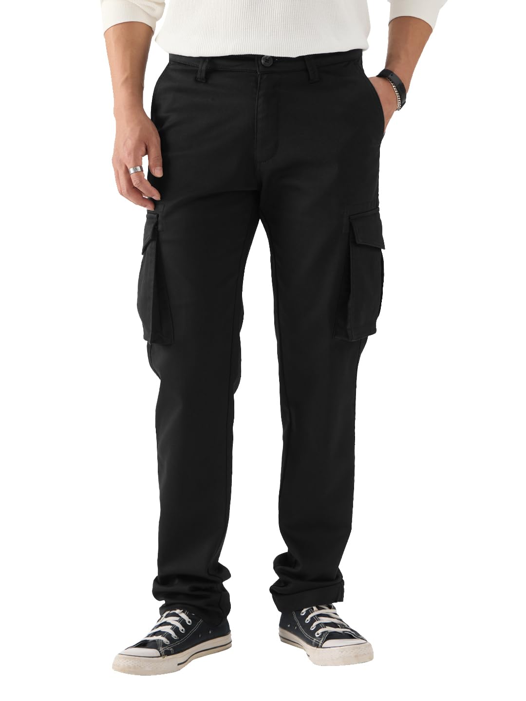the souled store Classic Black Men and Boys Solid Regular Fit Cargo Pants Men's Cargo Pants Trousers for Men Multi-Pocket Work Outdoor Military Style Loose Fit Lightweight Quality Comfortable-picture-17