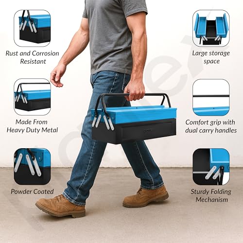 Image of Plantex 18 Inch Metal Tool Box /Empty Tool Kit Box With Large Capacity & Strong Handle /3 Layer Compartment Tools Box for Home Use /Tool Organizer for Essential Tools - (Blue & Black)