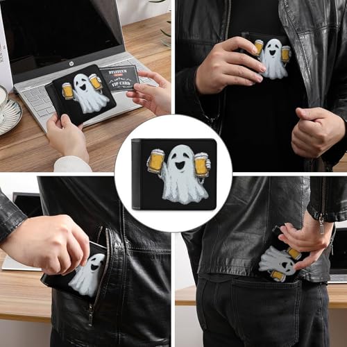 Cute Ghost Holding Beer Bi-fold Wallet for Men Women Print PU Leather Slim Cash Card Holder3