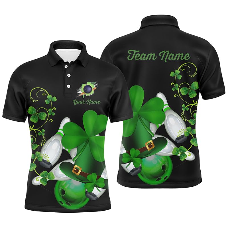 Herren & Damen Bowling Shirt mit Viertelreißverschluss, Grünes Kleeblatt Design, Individuell Gestaltetes Schwarzes Team Jersey für St. Patrick's Day N7195