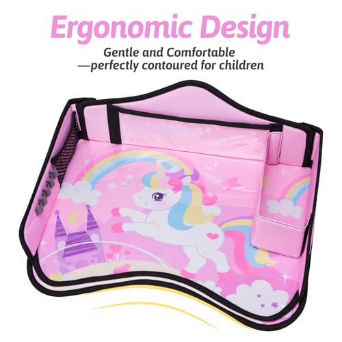 Image of OUOZZZ Kids Travel Tray for Car, Girl's Safety Seat Table | Weight-Relief Strap, Non-Skid Silicone Base, Waterproof Dining /Craft Mat, Carseat /Airplane Lap Desk