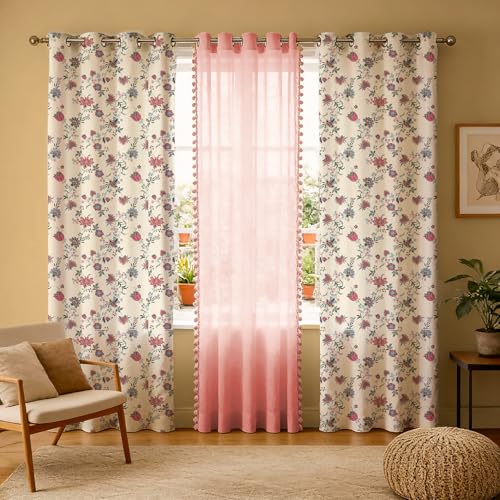 Image of Urban Space Printed 100% Cotton Curtain for Door, Cotton & Sheer Combo Set of 3 Curtains 8 Feet, Tieback & Eyelets Included with Curtains for Room Darkening (Passion Flower & Salmon Pink pom pom)