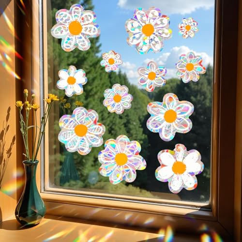 XLIUAX 12 Pcs Daisy Suncatchers Window Stickers Anti Collision Flowers Window Clings Shiny Rainbow Prism for Bird Strikes Reusable Glass Decals for Mirror Display Shop Office Supplies