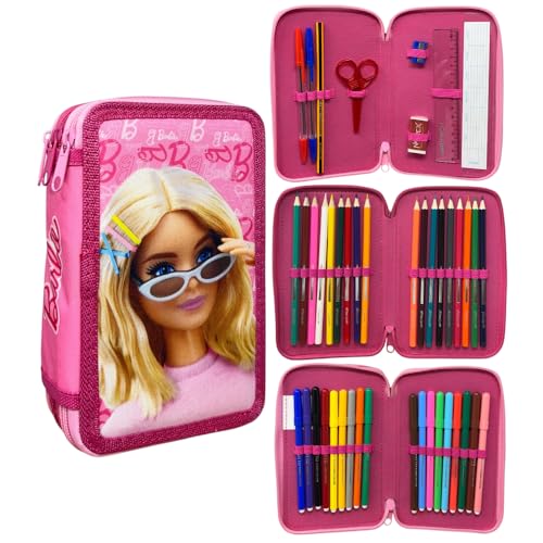 CARTOON Astuccio 3 zip Barbie completo 44 pezzi cancelleria multiscomparto penne matite colori pennarelli giotto per la scuola