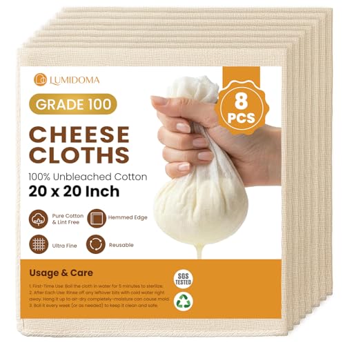 8-Pack Unbleached Cheese Cloths 20x20Inch, Hemmed Cheesecloth for Straining