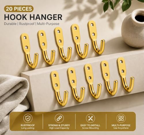 Image of iSTAR Stainless Steel Unbreakable J Type Hook Bathroom Hooks Cloth Hanger Wall Hook Door Robe Hooks for Hanging Keys,Clothes(Gold-Pack of 20)
