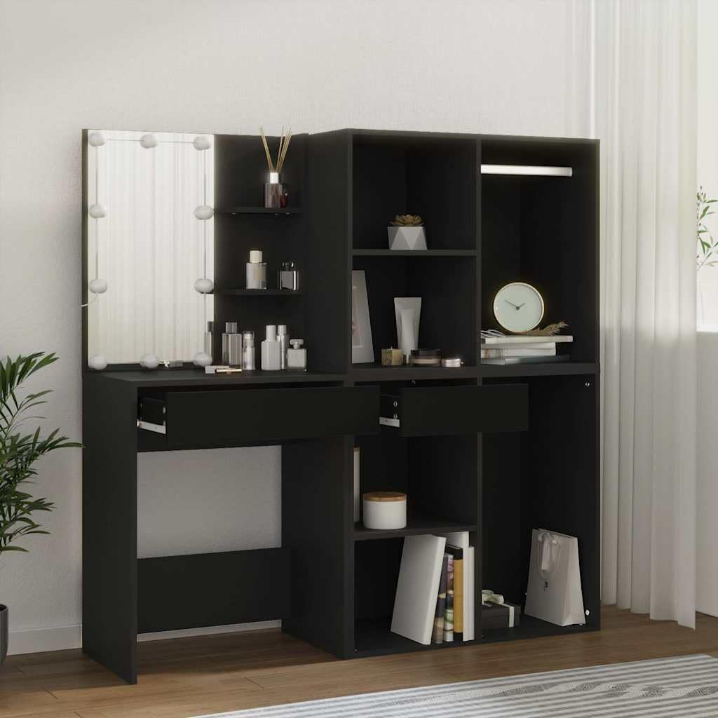 LED-Schminktisch Schwarz mit Schränken und LED-Beleuchtung, Holzwerkstoff Makeup Tisch mit Spiegel, Schublade und Stauraum, Organizer für Schlafzimmer, Ankleidezimmer, modernes Styling