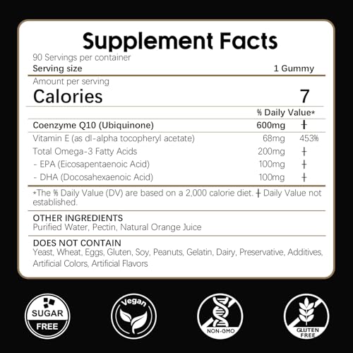 CoQ10 Gummies, Co Q 10 Supplement Sugar Free, Cq10 600mg with Omega 3 & Vitamin E, High Absorption Coenzyme Q10 Gummies for Heart Healthy, Energy & Antioxidant Support, Orange Flavor, 90 Count - Thumbnail 2