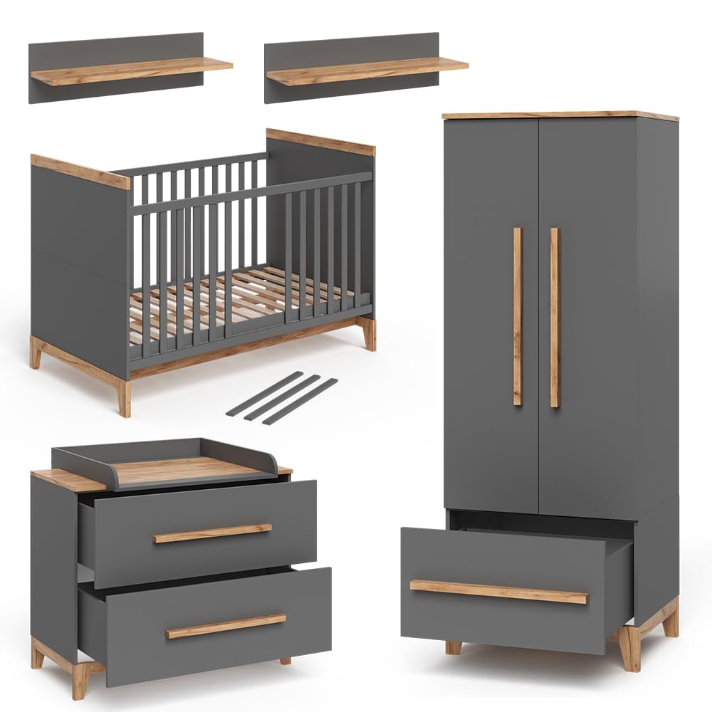 VitaliSpa Set de Chambre d'enfant Malia, Gris/chêne, Lot de 4, adapté à l’Extension avec d’Autres Meubles Malia