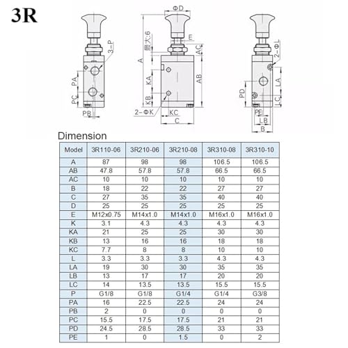 Interruptor de control neumático 3R210-08 con silenciador y conector 12mm 6