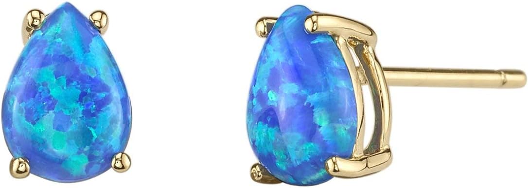 PEORA 14K Yellow Gold Created Blue Opal Pendant and matching Earrings - Pear Shaped Diamond Pendant 1 Carat + Pear Shaped Created Blue Opal Stud Earrings 1 Carat