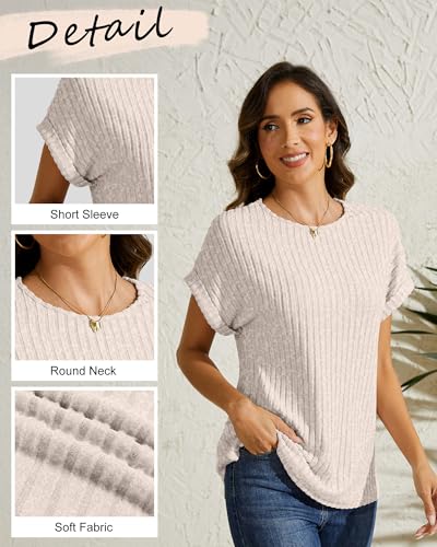 3 Pack Women Summer Sweaters Tops Crew Neck Short Sleeve Ribbed Knit T Shirts Dressy Casual Business Tunic Blouses3