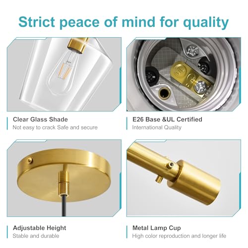 Image of Glass Pendant Lighting for Kitchen Island Entryway 3 Pack Gold Clear 8 Inch | Adjustable cord Dimmable, E26 bulbs, Rust-resistant Damp Rated For Bathrooms, 5-Year Manufacturer Warranty, UL Certification