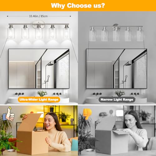 Image of Unicozin Bathroom Light Fixtures, 5 Light Vanity Lights for Bathroom, Brushed Nickel Wall Lamp with Clear Glass for Mirror, Living Room, Hallway, Cabinet, E26 Base