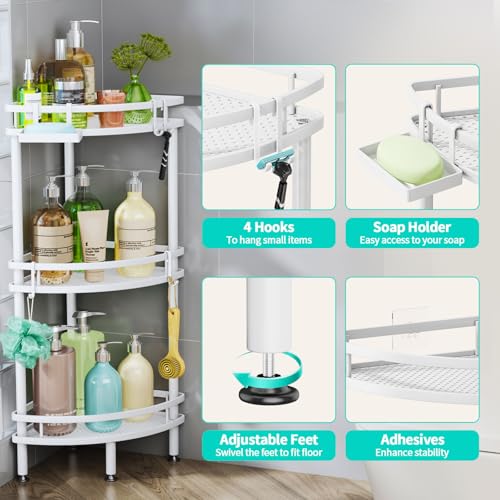 Image of HapiRm Standing Corner Shower Caddy - 3 Tier Shower Organizer Corner with Soap Holder and 4 Hooks, Rustproof Bathroom Storage Shelves with Adhesives, White
