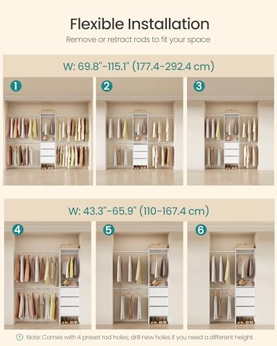 Image of SONGMICS Closet System, Customizable Walk-In Closet Organizer System with Adjustable Hanging Rods and Drawers, White, Fits Spaces 4-9.6 ft Wide URGR042WZ01S