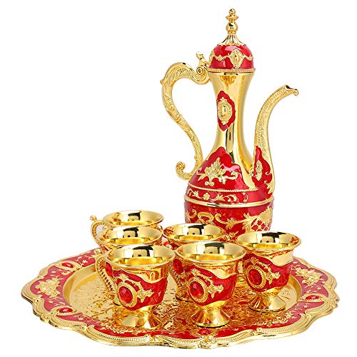 Vintage Turkish Coffee Pot with 6 Coffee Cups, Metal Turkish Tea Set Coffee Pot Set Wine Glass Jug Set for Home Bar, Tea Party, Craft Ornaments (Red)