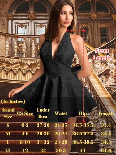 Image of ShawGobow Jacquard Corset Dress,Deep V Halter Mini Dresses with Bow Back,Sexy Birthday Outfits Women Homecoming Prom Formal