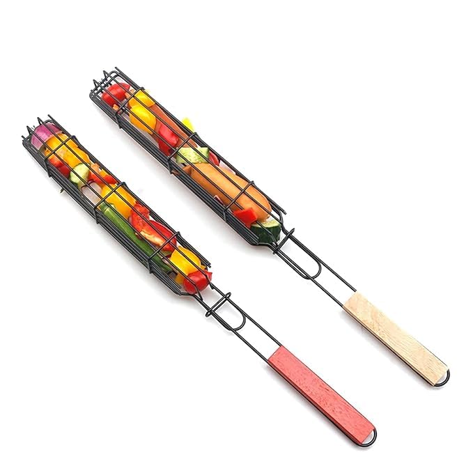 Barbecue Non-Stick Single Kabob Grill Net With BBQ Long Wooden Handle For Chicken And Vegetable Grill Basket For Outdoor Camping BBQ Grill Clip Accessories Barbecue Tool