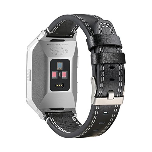 bayite Leather Bands Compatible with Fitbit Ionic, Genuine Leather Replacement Accessories Straps Wristband Women Men, Black