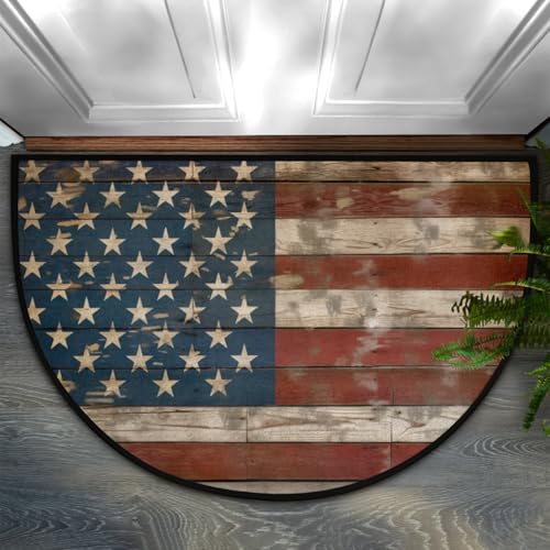 Image of cfpolar American Flags Vintage Half Round Door Mat Outdoor Entrance Large 24 inchx36 inch Half Circle Welcome Entrance Way Mat Semi Circular Front Door Mat Area Rug for Garage, Patio, High Traffic Areas