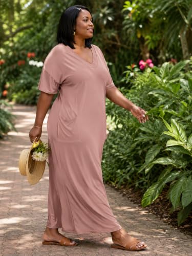 Image of Plus Size Maxi Dress for Women Short Sleeve V Neck Casual Loose Sundress with Pockets