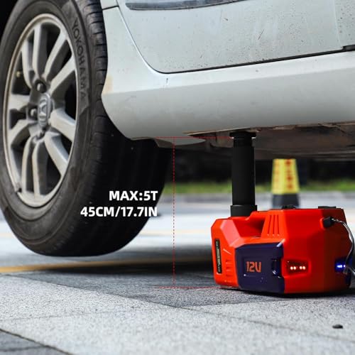 Image of Electric Car Jack Kit 5 Ton 12V Floor Jack with Impact Wrench and Tire Inflator Pump Portable Hydraulic Car Jack for SUV Sedans Tire Change with LED Light, Lifting Height 6 to 17.7 Inch