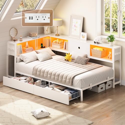 Hasuit Corner Twin Bed Frame with Storage Drawers and Bookcase Headboard, Twin Size Metal Platform Corner Bed Frame with Charging Station and LED Lights, Twin Daybed for Kids Teens Guests, White