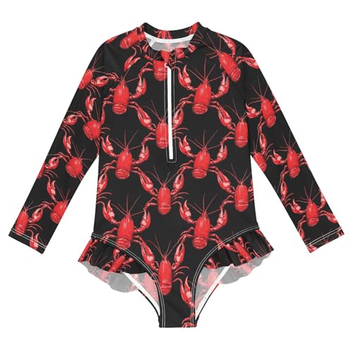 ALAZA Funny Lobster Red Black Girls One Piece Swimsuit Long Sleeve Rash Guard Swimsuits UV 50+ Swimwear Zipper