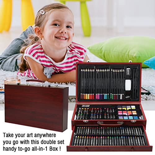 Colomera Arts 143 Pcs Art Supplies, Wooden Art Set Crafts Drawing Painting Kit, Includes Oil Pastels, Crayons, Colored Pencils, Paint Brush, Watercolor Cakes Ect. Gift For Girls Boys Artist #TOP1