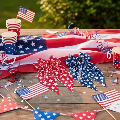 Lazos para el cabello del 4 de julio para niñas, clips patrióticos en rojo y azul con estrellas, lazo largo con cola para día de la independencia, accesorios para fiestas de mujeres y niños miniatura 5