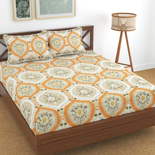 Image of KAWI Elastic Fitted Bedsheet Cotton Blend Double Bed with 2 Pillow Cover (72 inch X 78 inch)- Cream Colour-Peach Flower Print
