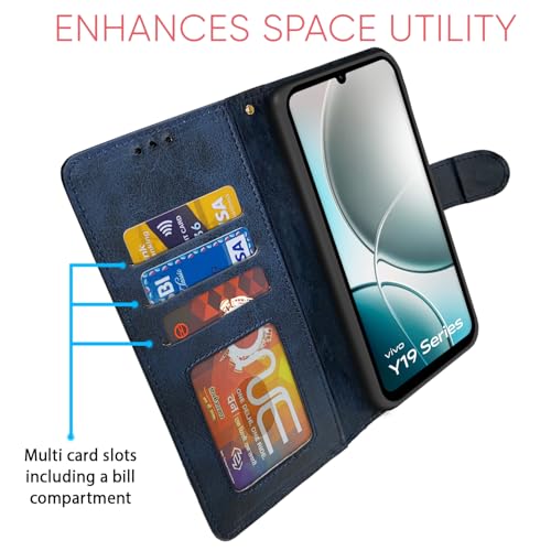 Image of Amazon basics Flip Cover for Vivo Y19e / Y04 4G / Y29s 5G | Wallet Style & Stand | Dual-Tone PU Leather Finish | Magnetic Flip Case (Navy & Light Blue)