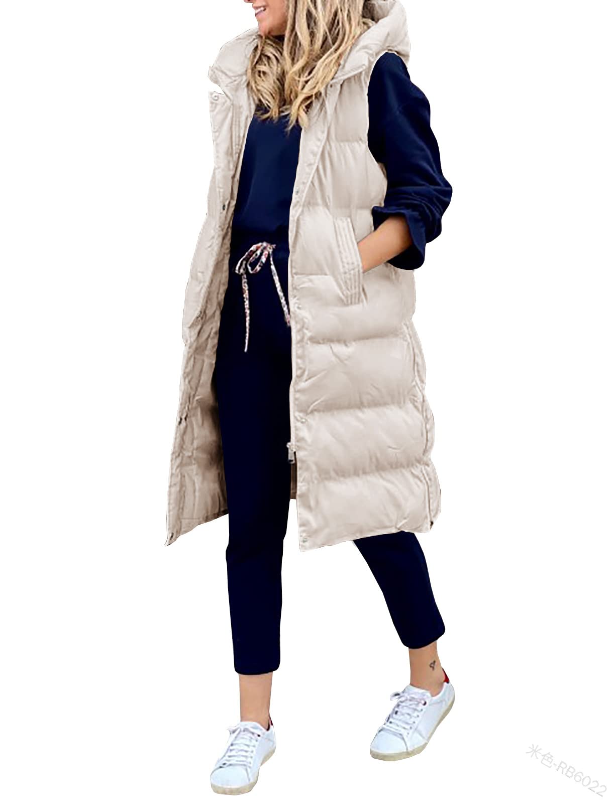 Piumino Lungo Da Donna Senza Maniche Piumino Con Cappuccio Taglia Grande Invernale Leggero Gilet Con Tasche Giacca Trapuntata Antivento,Beige,L
