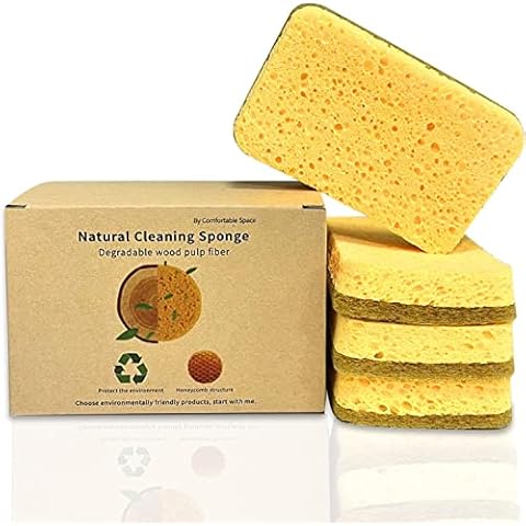 4Pcs Biodegradable and Compostable Sponge / Eco Cleaning Sponge/ Cellulose Washing up Sponge Kitchen, Non Scratch Eco Sisal Fibre and Wood Pulp, Efficiently Removes Dirt and Grease Cover