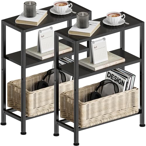 Vantimo Mueble Auxiliar Estrecha,2Pcs Mesita Noche Mesa Pequeña 3 Estantes Estrecha con Espacio de Almacenamiento para Sofá Espacios Reducidos para Sala de Estar Dormitorio Cocina Balcón Negro