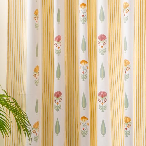 Image of Tranquebar Curtain Co. Window Curtains 5 Feet, 60-65% Room Darkening,Yellow-Pink Floral Print, Cotton Curtains for Window, Cotton Curtains 5 Feet Long Set of 2, BackTab Loops,Reva (152 cm) - Set of 2